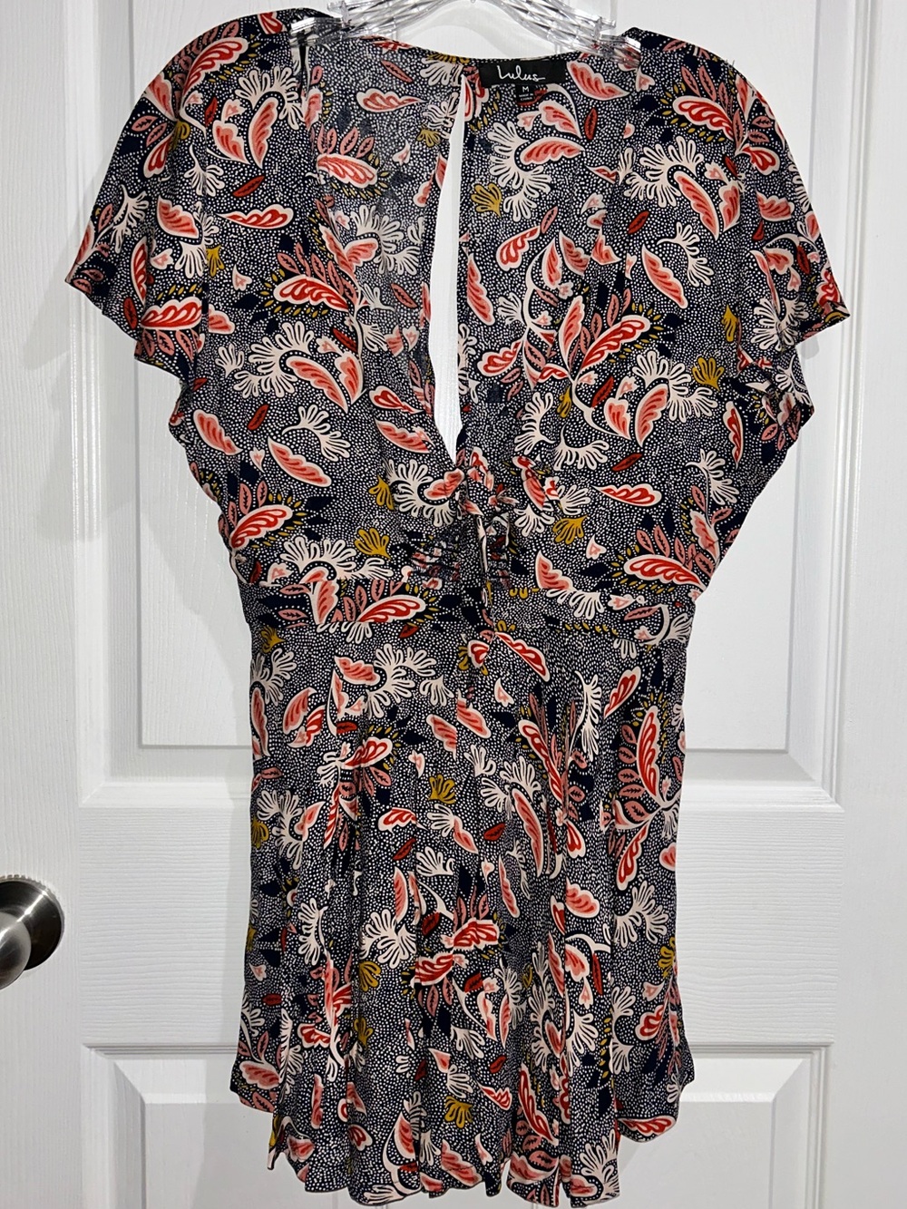 Floral Keyhole Short Sleeve Romper in Navy and Coral
